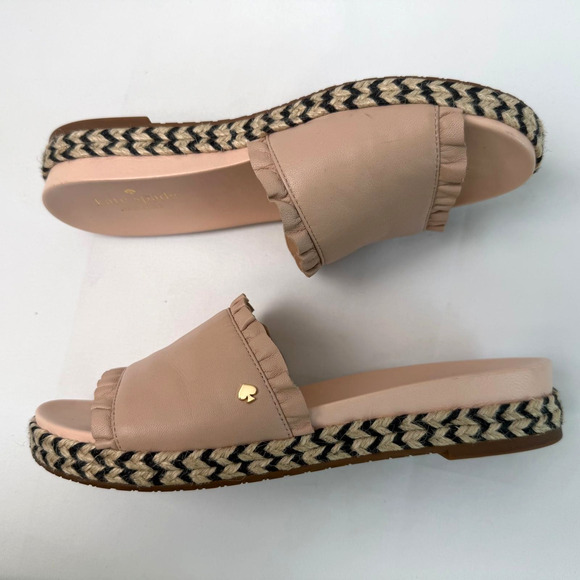 Kate Spade Zahara Ruffle Blush Pink Leather Slide Sandals Espadrilles Sz 7.5 M - Picture 1 of 12